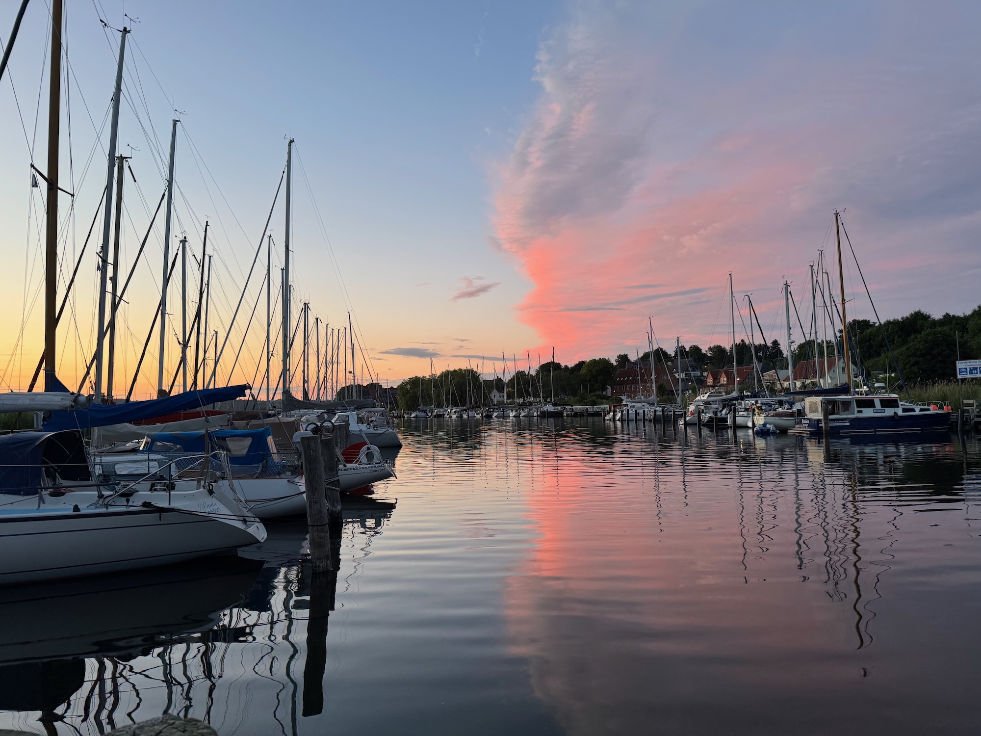 Unser Abendblick vom Boot Richtung Seedorf